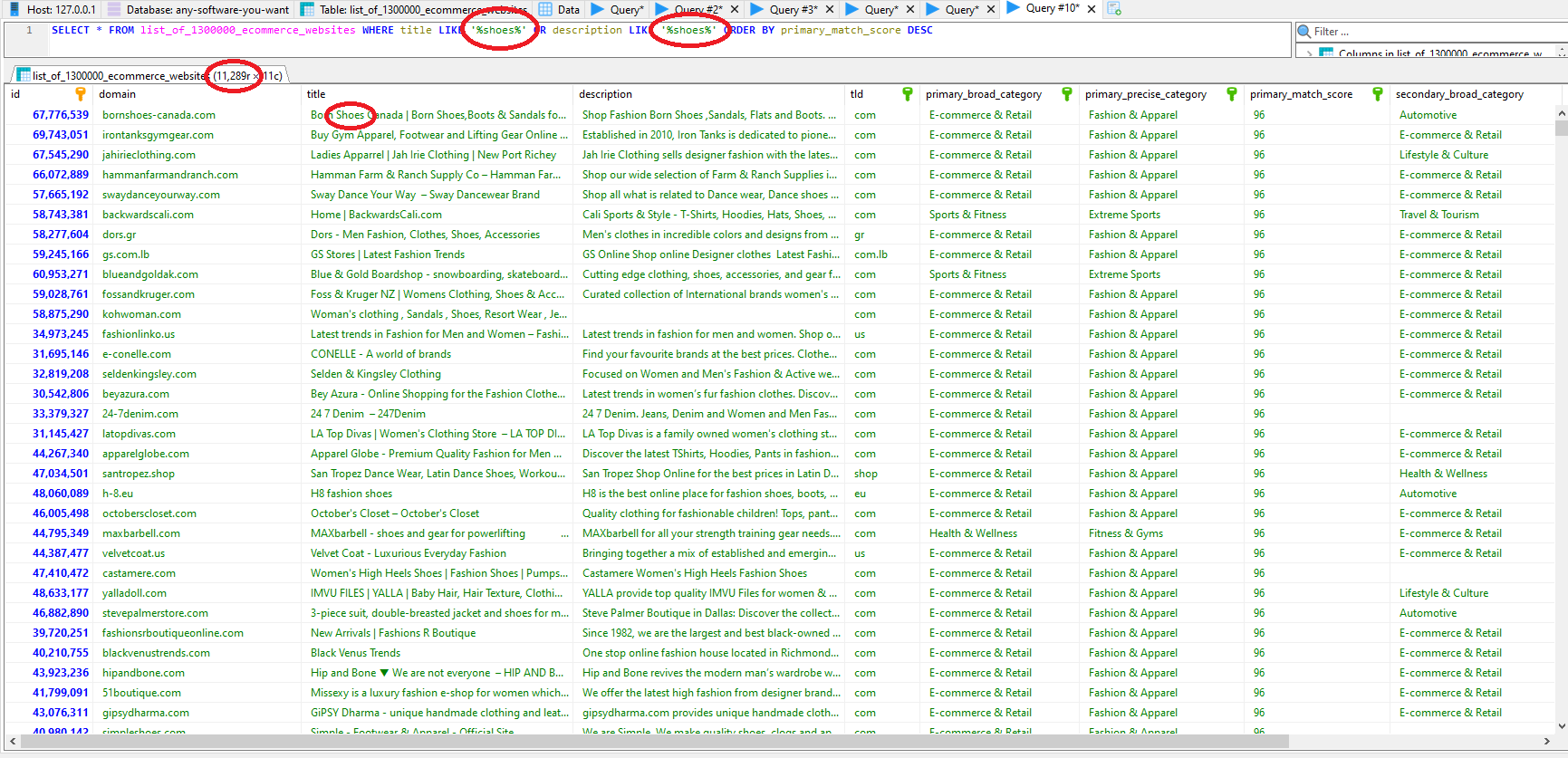 MySQL table of 1300000 ecommerce website list filtered by keywords