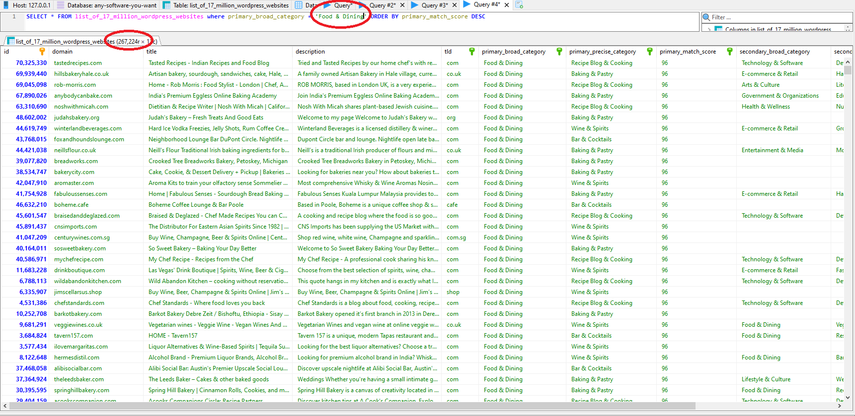 MySQL table of 17 million WordPress websites filtered by niche