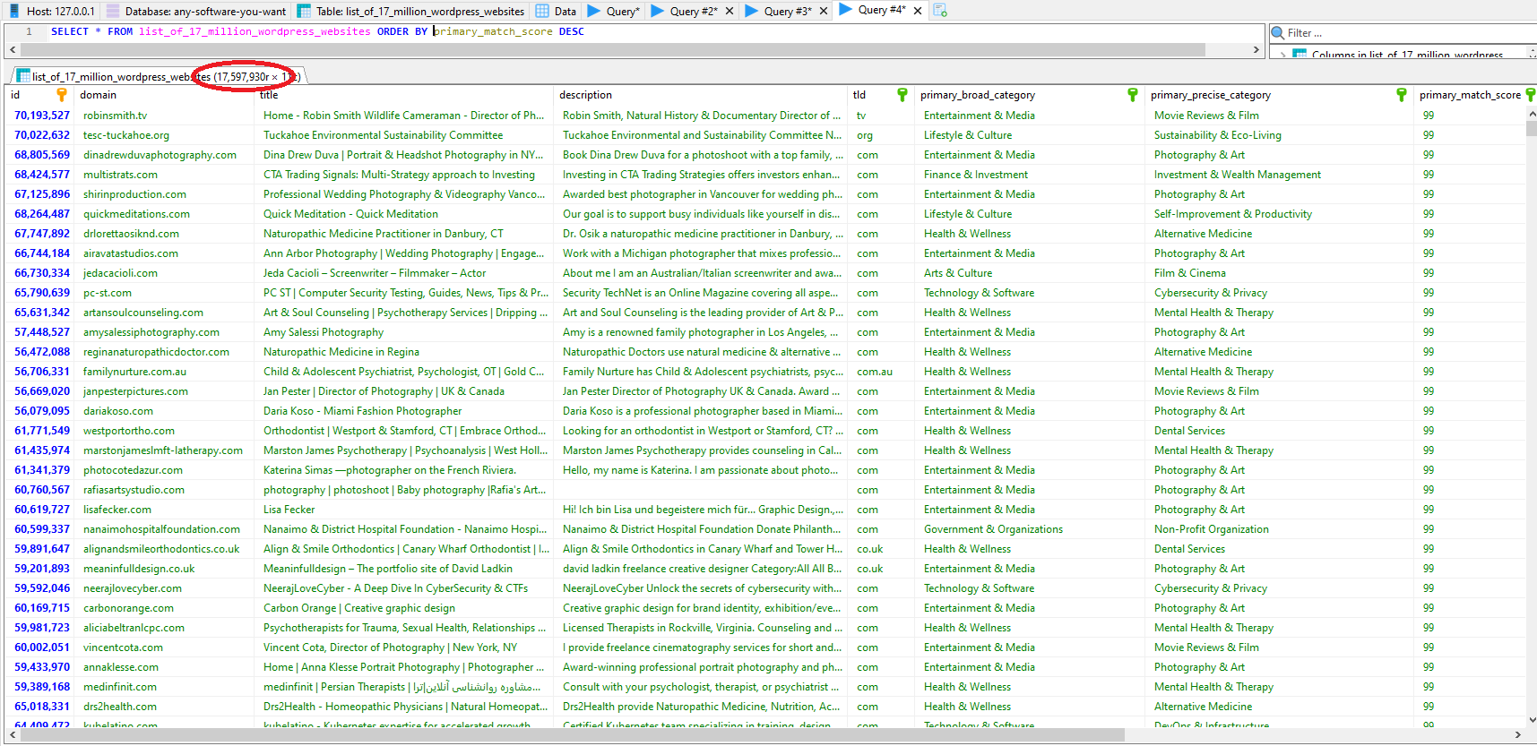 MySQL table of 17 million WordPress websites