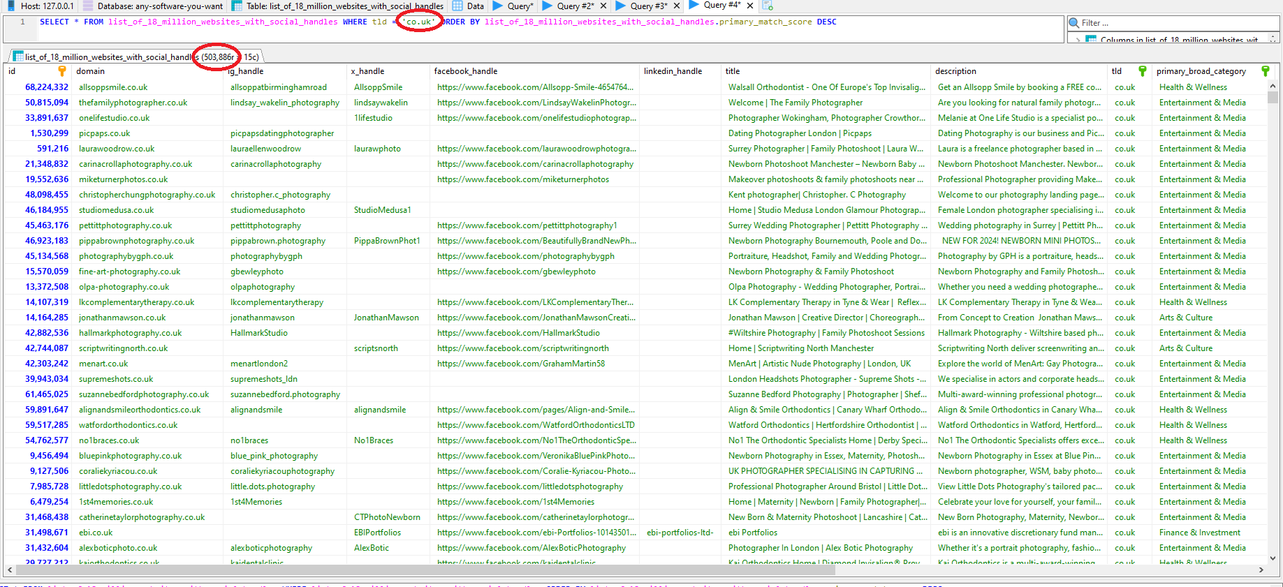 MySQL table of 18 million websites with social handles filtered by TLD