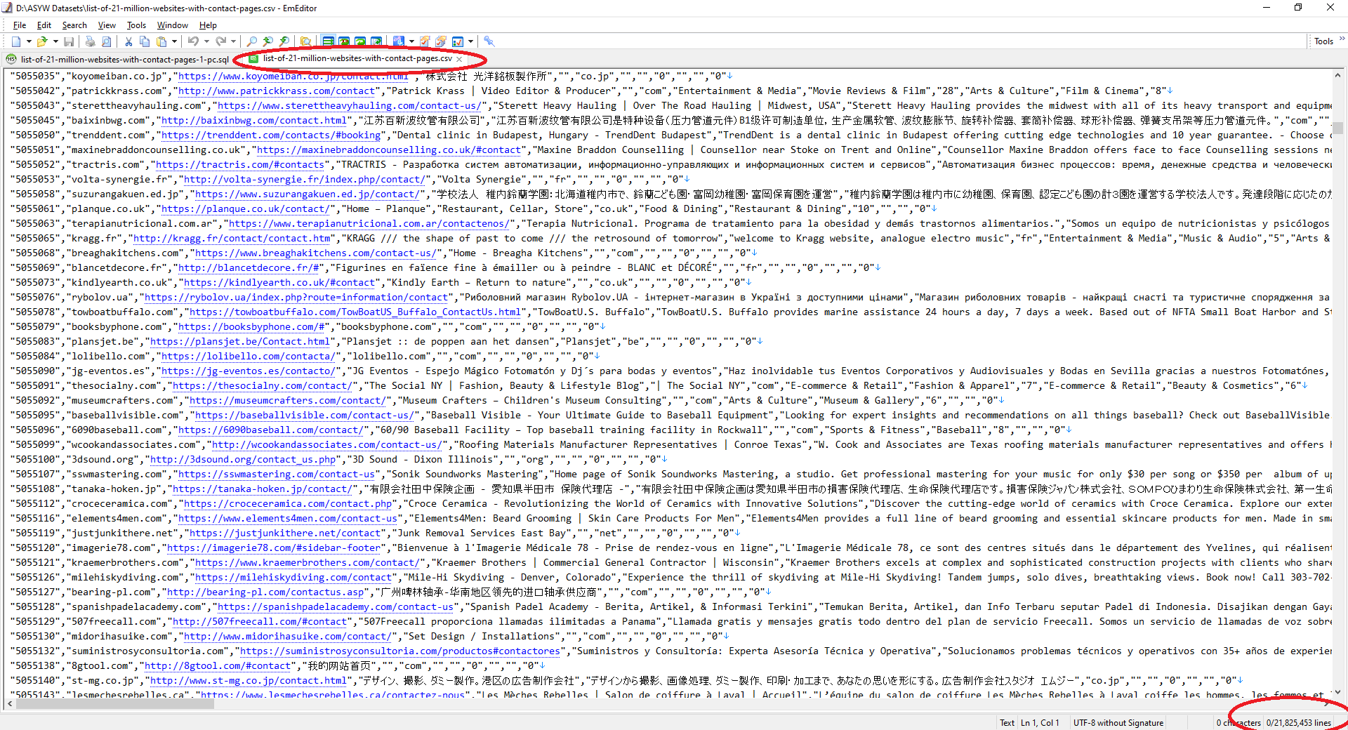CSV File of 21 million websites with contact page URLs