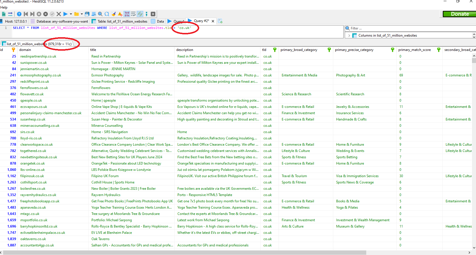 MyTable of 51 million websites list filtered by TLD